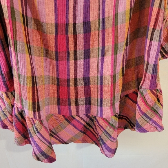 Beach Lunch Lounge Women's Red Orange Plaid Peasant Top Sz L Off Shoulder Gauze - Picture 8 of 12